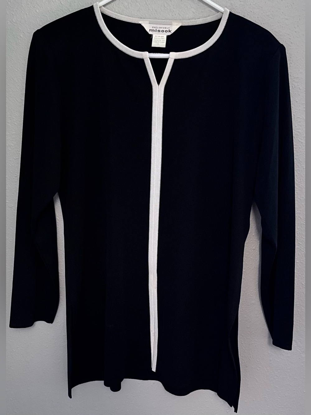 Vintage Misook Black Sweater with White Trim V-Neck Detail